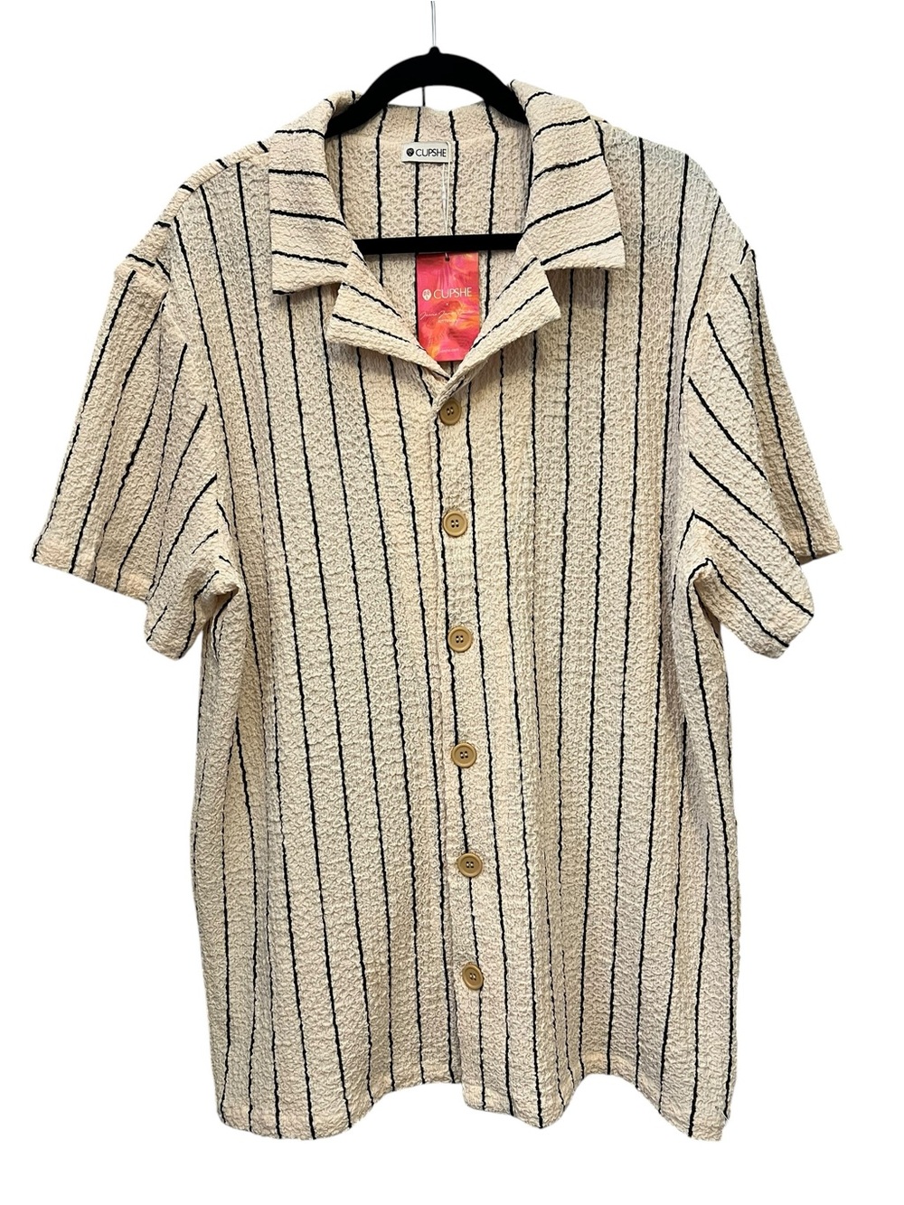Cupshe textured Cream Short-Sleeve Button-Down Shirt w/Black Pinstripes XL NWT